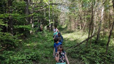 Uczniowie przechodzą grupą przez las.