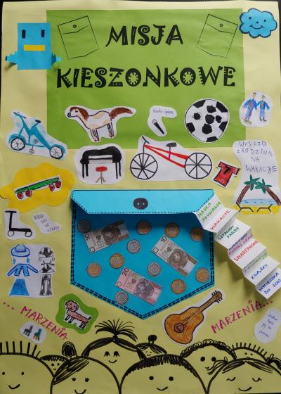 Plakat wykonany przez uczniów klasy 3b na ogólnopolski konkurs MISJA KIESZONKOWE, przedstawiający kieszonkę pełną marzeń.