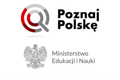 Logo programu - poznaj polskę. W tle kontur polski i flaga polski