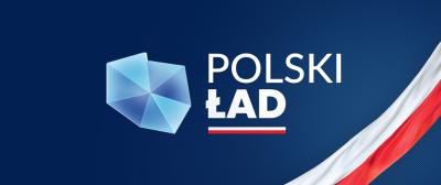 Logo programu Polski łąd. Na niebieskim tle kontur polski i polska flaga.