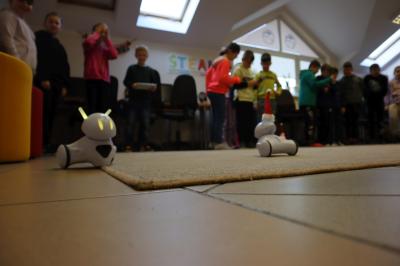 Uczniowie klasy 3b podzieleni na 3 drużyny sterują robotami Photon. Roboty poruszają się po dywanie a dzieci sterują nimi za pomocą tabletów.