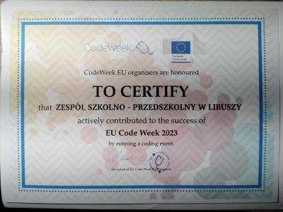 Certyfikat jaki otrzymał Zespół Szkolno-Przedszkolny w Libuszy po zajęciach EU Code Week 2023