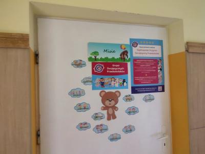 Drzwi grup przedszkolnym z plakatem realizowanego projektu